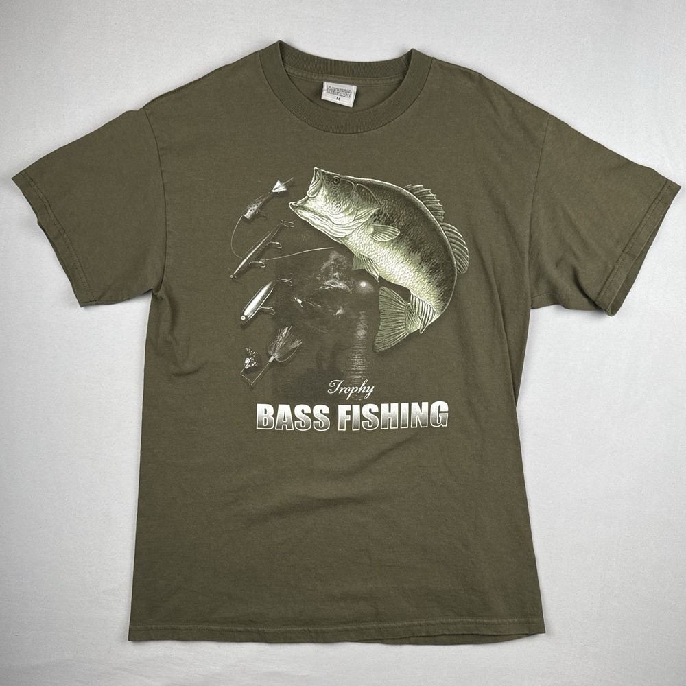 Vintage Bass Fishing T Shirt Trophy Graphic Olive Green National Heritage M